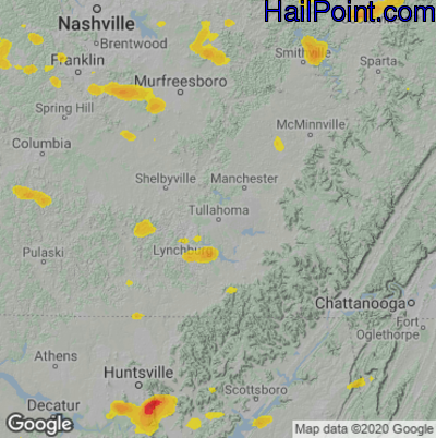 Hail Map for Tullahoma, TN Region on June 7, 2022
