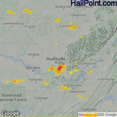 Hail Map for Huntsville, AL Region on June 7, 2022