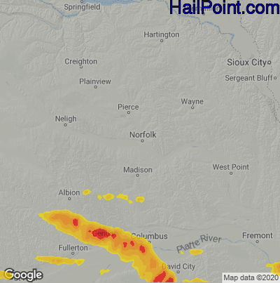 Hail Map for Norfolk, NE Region on June 8, 2022