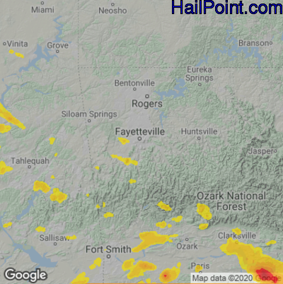 Hail Map for Fayetteville, AR Region on June 8, 2022