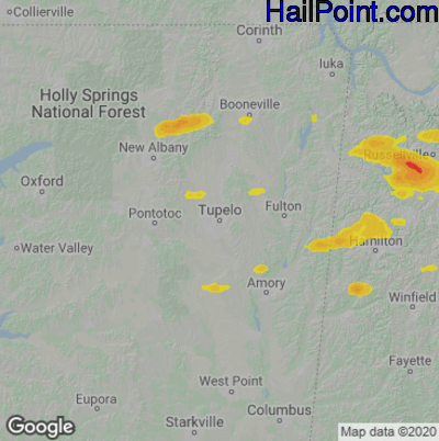 Hail Map for Tupelo, MS Region on June 8, 2022 