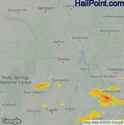 Hail Map for Corinth, MS Region on June 8, 2022