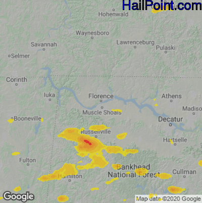 Hail Map for Florence, AL Region on June 8, 2022 