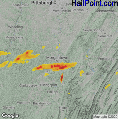 Hail Map for Morgantown, WV Region on June 8, 2022