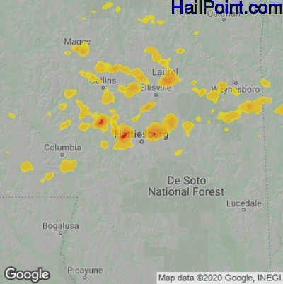 Hail Map for Hattiesburg, MS Region on June 10, 2022