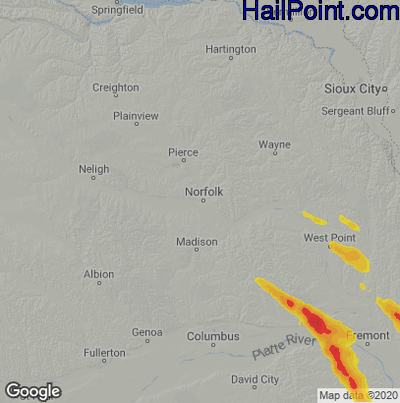Hail Map for Norfolk, NE Region on June 11, 2022