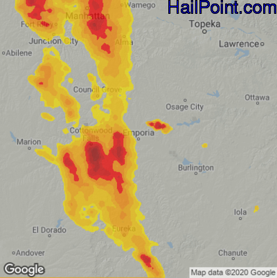 Hail Map for Emporia, KS Region on June 12, 2022