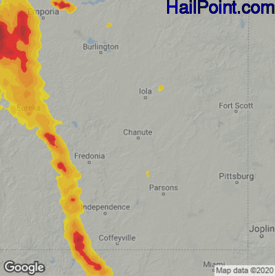 Hail Map for Chanute, KS Region on June 12, 2022