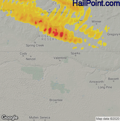 Hail Map for Valentine, NE Region on June 12, 2022