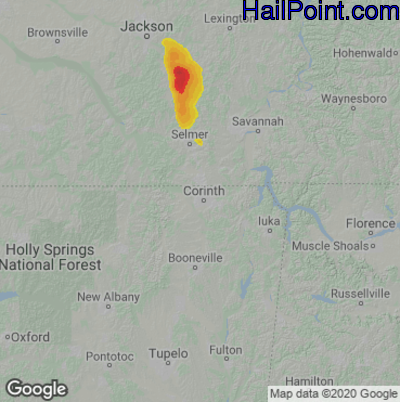 Hail Map for Corinth, MS Region on June 12, 2022 