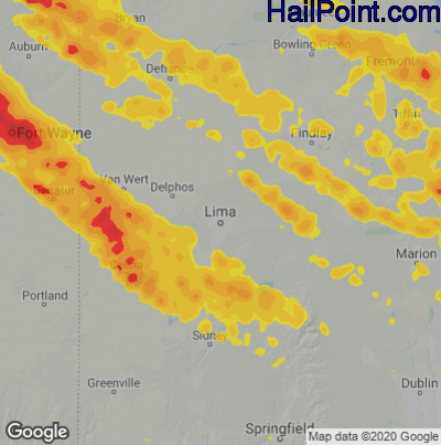 Hail Map for Lima, OH Region on June 13, 2022