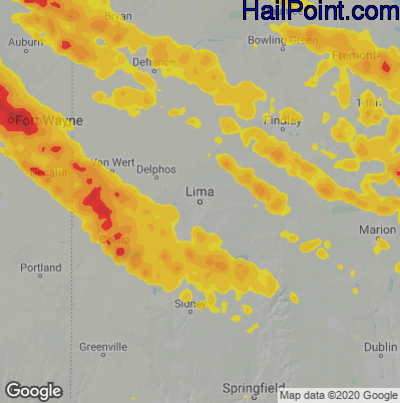 Hail Map for Lima, OH Region on June 13, 2022 