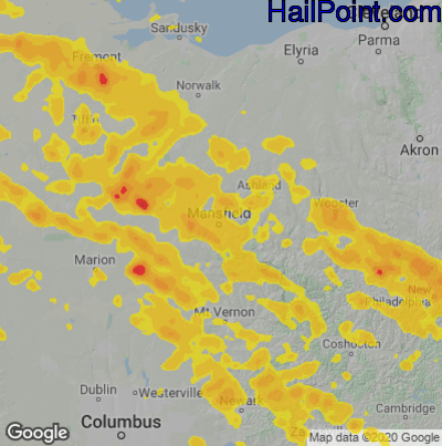 Hail Map for Mansfield, OH Region on June 14, 2022