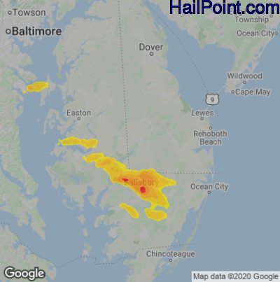 Hail Map for Seaford, DE Region on June 14, 2022