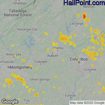 Hail Map for Auburn, AL Region on June 14, 2022