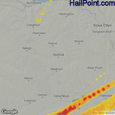 Hail Map for Norfolk, NE Region on June 15, 2022