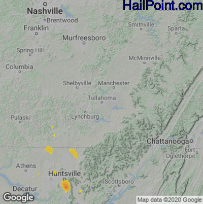 Hail Map for Tullahoma, TN Region on June 15, 2022