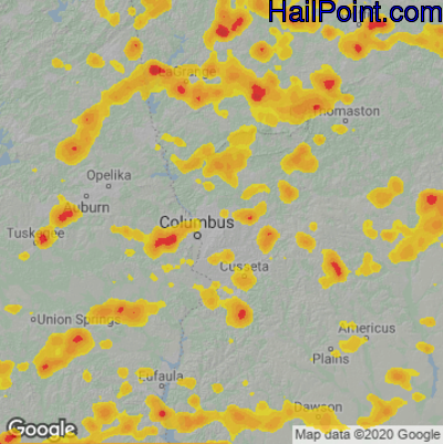 Hail Map for Columbus, GA Region on June 15, 2022