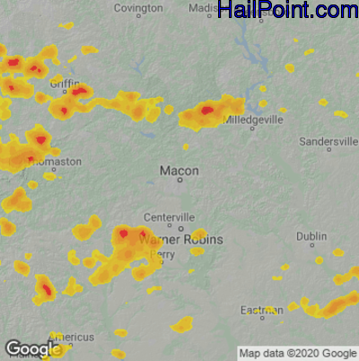 Hail Map for Macon, GA Region on June 15, 2022