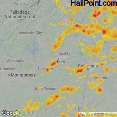 Hail Map for Auburn, AL Region on June 15, 2022