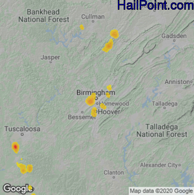 Hail Map for Birmingham, AL Region on June 15, 2022