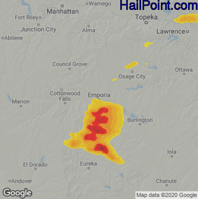 Hail Map for Emporia, KS Region on June 15, 2022