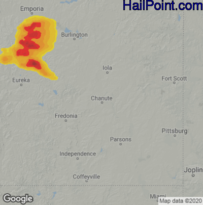 Hail Map for Chanute, KS Region on June 16, 2022