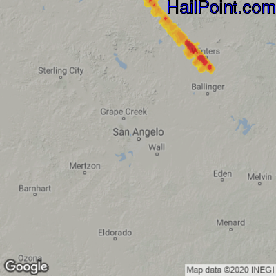 Hail Map for San Angelo, TX Region on June 16, 2022