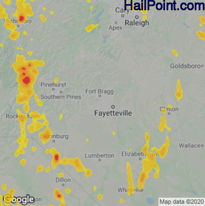 Hail Map for Fayetteville, NC Region on June 16, 2022