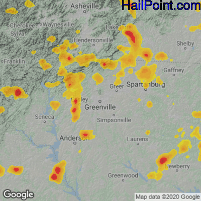 Hail Map for Greenville, SC Region on June 16, 2022