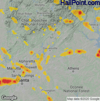 Hail Map for Gainsville, GA Region on June 16, 2022
