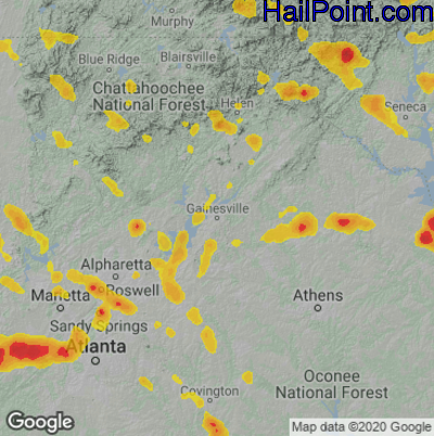 Hail Map for Gainsville, GA Region on June 16, 2022 