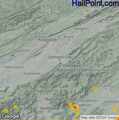 Hail Map for Johnson City, TN Region on June 16, 2022