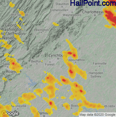 Hail Map for Lynchburg, VA Region on June 16, 2022
