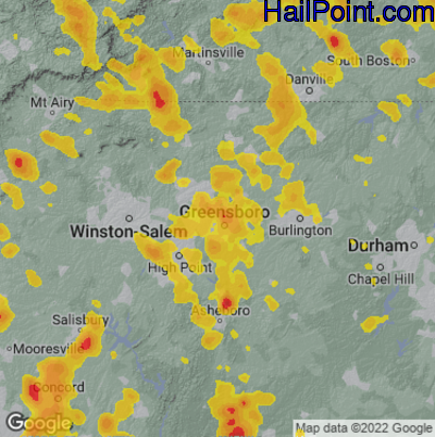 Hail Map for Greensboro, NC Region on June 16, 2022