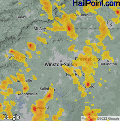 Hail Map for Winston-Salem, NC Region on June 16, 2022 