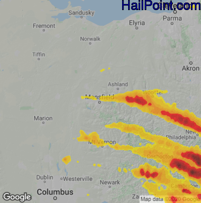 Hail Map for Mansfield, OH Region on June 16, 2022