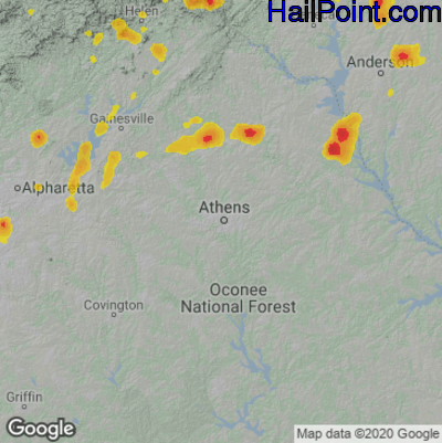 Hail Map for Athens, GA Region on June 16, 2022 