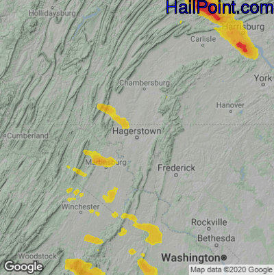Hail Map for Hagerstown, MD Region on June 16, 2022