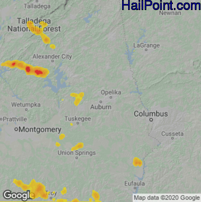 Hail Map for Auburn, AL Region on June 16, 2022