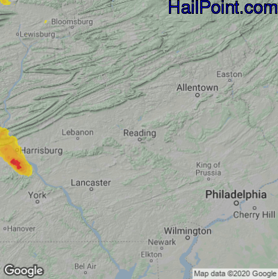 Hail Map for Reading, PA Region on June 17, 2022