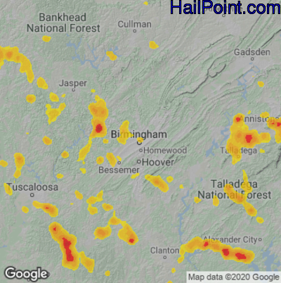 Hail Map for Birmingham, AL Region on June 17, 2022