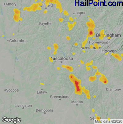 Hail Map for Tuscaloosa, AL Region on June 17, 2022