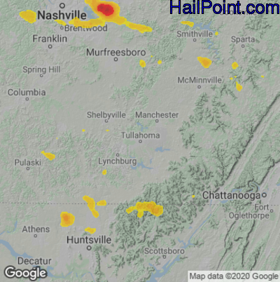 Hail Map for Tullahoma, TN Region on June 17, 2022