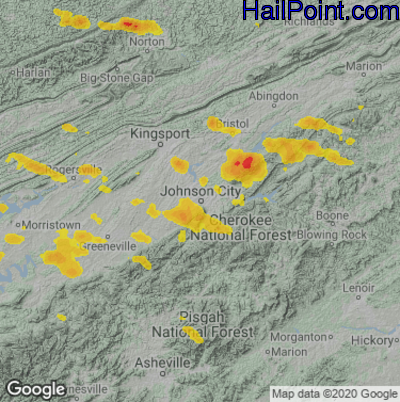 Hail Map for Johnson City, TN Region on June 17, 2022