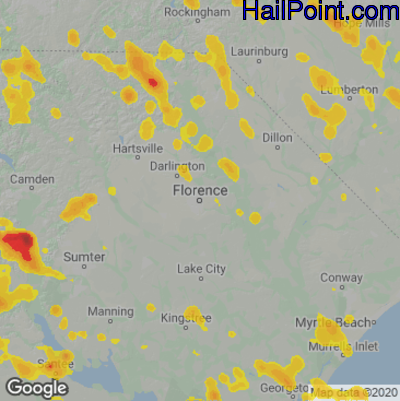 Hail Map for Florence, SC Region on June 17, 2022 