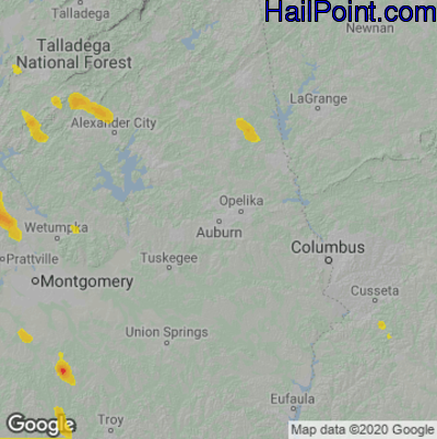 Hail Map for Auburn, AL Region on June 17, 2022