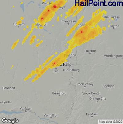 Hail Map for Sioux Falls, SD Region on June 20, 2022
