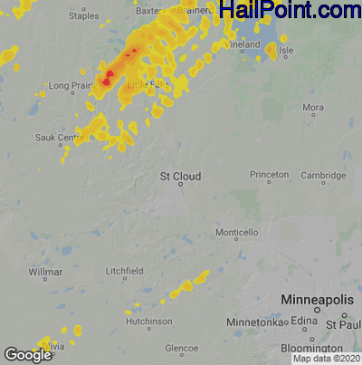 Hail Map for St Cloud, MN Region on June 21, 2022