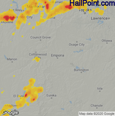 Hail Map for Emporia, KS Region on June 21, 2022
